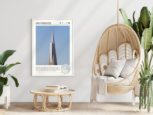 Descriptive Minimalist San Francisco Poster in White Frame displayed in a modern living room with a wicker chair.