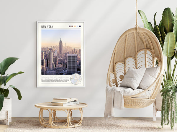 Descriptive Minimalist New York Poster in White Frame displayed in a modern living room with a wicker chair.