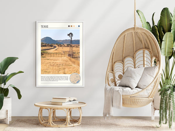 Descriptive Minimalist Texas Poster in White Frame displayed in a modern living room with a wicker chair.