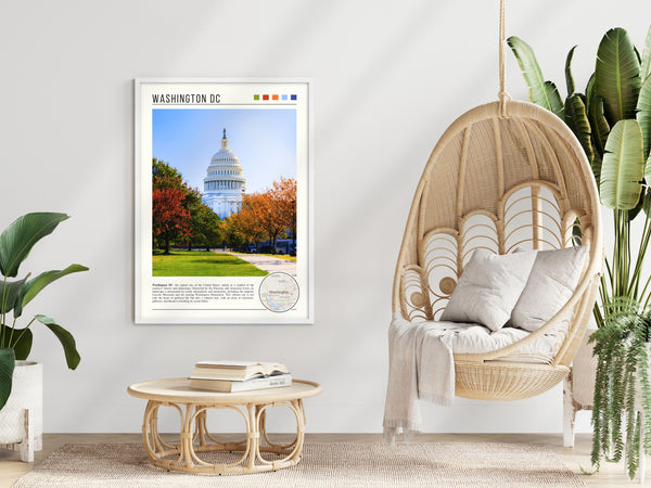 Descriptive Minimalist Washington Poster in White Frame displayed in a modern living room with a wicker chair.