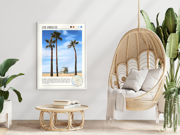 Descriptive Minimalist Los Angeles Poster in White Frame displayed in a modern living room with a wicker chair.