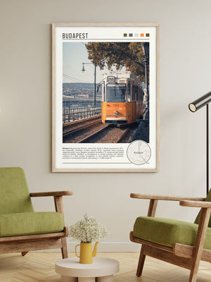 Descriptive Minimalist Budapest Poster in Wooden Frame displayed in a living room with green chairs.