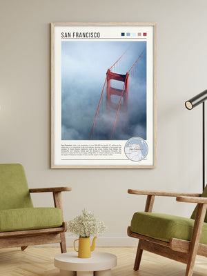 Descriptive Minimalist San Francisco Poster in Wooden Frame displayed in a living room with green chairs.