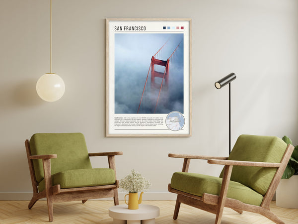 Descriptive Minimalist San Francisco Poster in Wooden Frame displayed in a living room with green chairs.