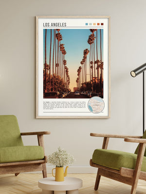 Descriptive Minimalist Los Angeles Poster in Wooden Frame displayed in a living room with green chairs.