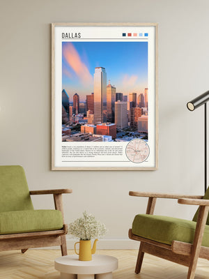 Descriptive Minimalist Dallas Poster in Wooden Frame displayed in a living room with green chairs.