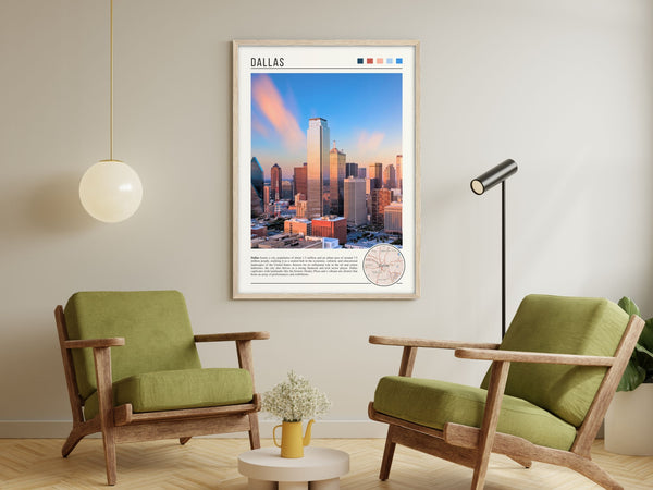 Descriptive Minimalist Dallas Poster in Wooden Frame displayed in a living room with green chairs.