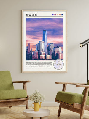 Descriptive Minimalist New York Poster in Wooden Frame displayed in a living room with green chairs.