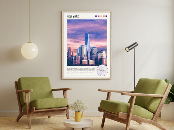 Descriptive Minimalist New York Poster in Wooden Frame displayed in a living room with green chairs.