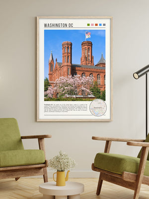 Descriptive Minimalist Washington Poster in Wooden Frame displayed in a living room with green chairs.