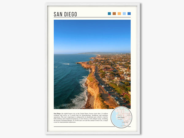 Descriptive Minimalist San Diego Poster in White Frame