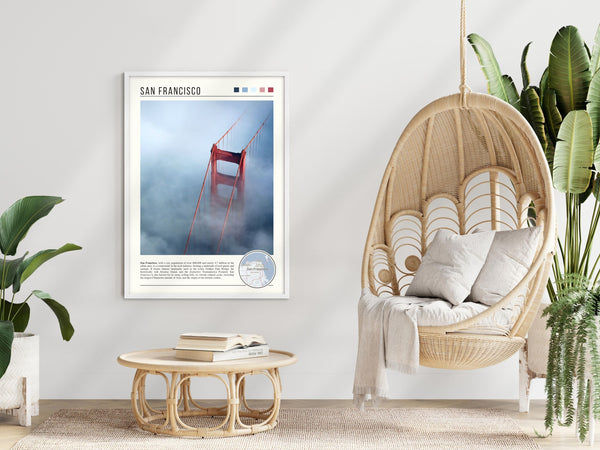 Descriptive Minimalist San Francisco Poster in White Frame displayed in a modern living room with a wicker chair.