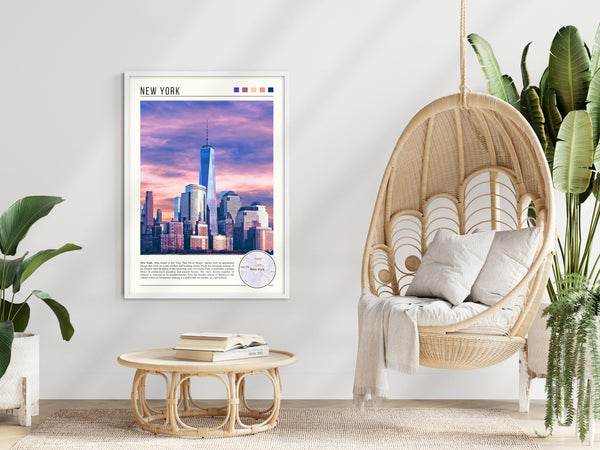 Descriptive Minimalist New York Poster in White Frame displayed in a modern living room with a wicker chair.