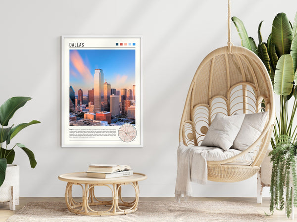 Descriptive Minimalist Dallas Poster in White Frame displayed in a modern living room with a wicker chair.