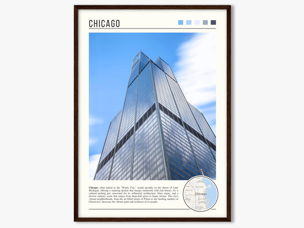 Descriptive Minimalist Willis Tower Poster in Dark Wooden Frame