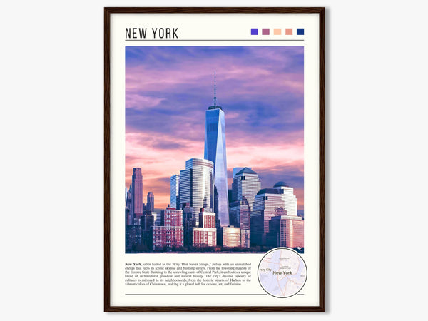 Descriptive Minimalist New York Poster in Dark Wooden Frame