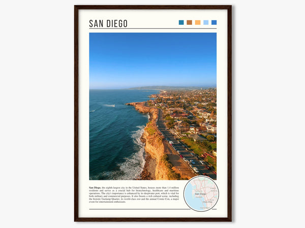 Descriptive Minimalist San Diego Poster in Dark Wooden Frame