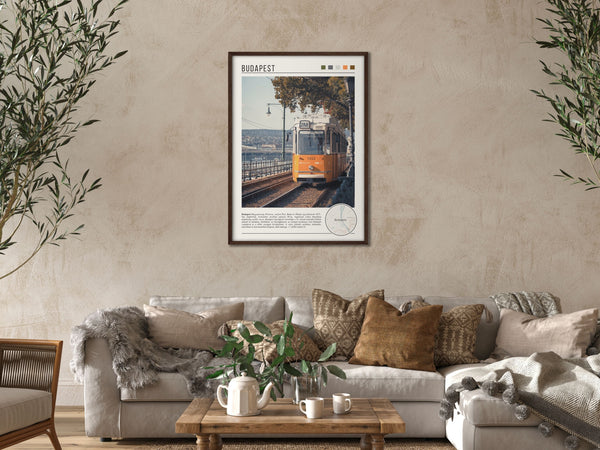 Descriptive Minimalist Budapest Poster in Dark Wooden Frame displayed in a cozy living room with a beige sofa.