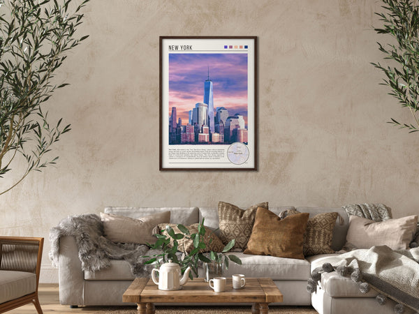 Descriptive Minimalist New York Poster in Dark Wooden Frame displayed in a cozy living room with a beige sofa.