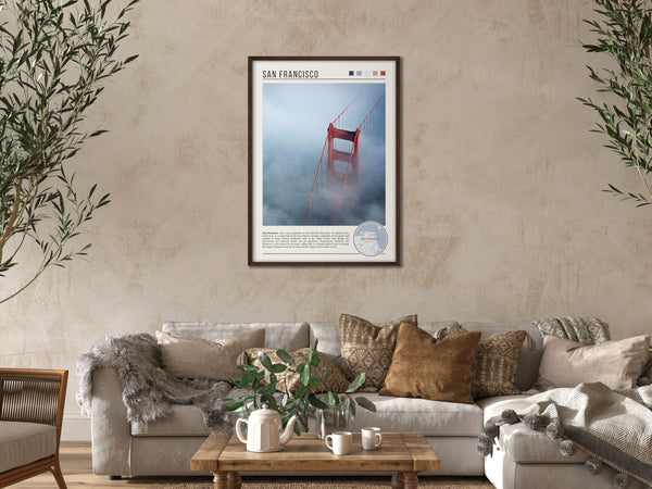 Descriptive Minimalist San Francisco Poster in Dark Wooden Frame displayed in a cozy living room with a beige sofa.