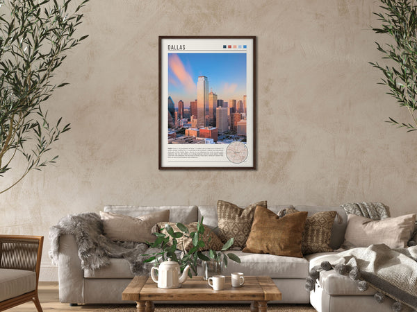 Descriptive Minimalist Dallas Poster in Dark Wooden Frame displayed in a cozy living room with a beige sofa.