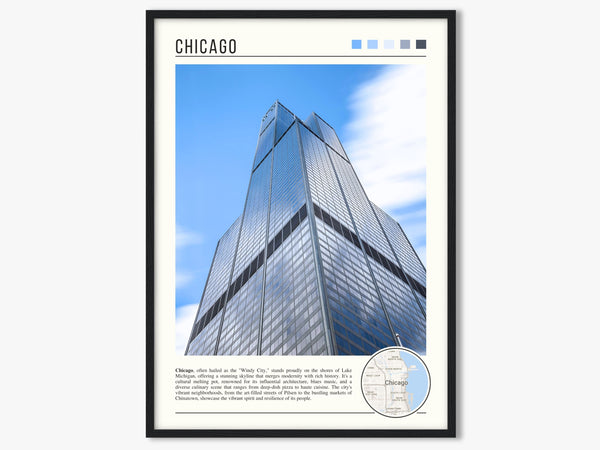 Descriptive Minimalist Willis Tower Poster in Black Frame displayed in a living room with a gray armchair.