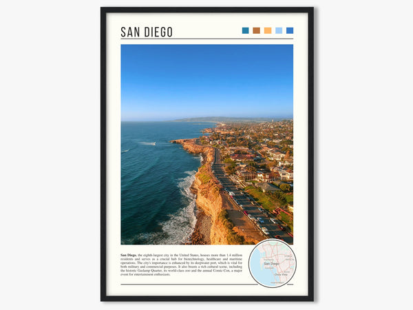 Descriptive Minimalist San Diego Poster in Black Frame displayed in a living room with a gray armchair.