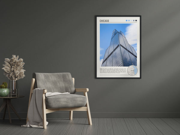 Descriptive Minimalist Willis Tower Poster in Black Frame