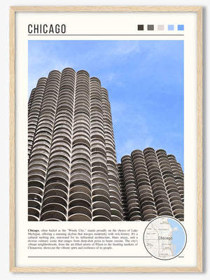 Descriptive Minimalist Marina City Poster in Wooden Frame