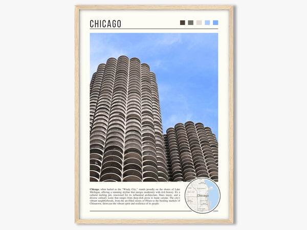 Descriptive Minimalist Marina City Poster in Wooden Frame