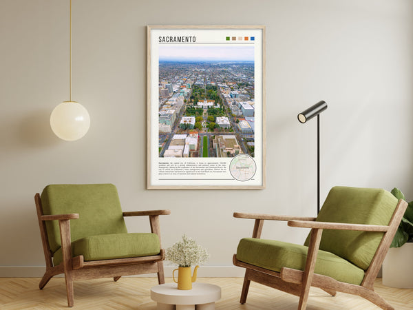 Descriptive Minimalist Sacramento Poster in Wooden Frame displayed in a living room with green chairs.