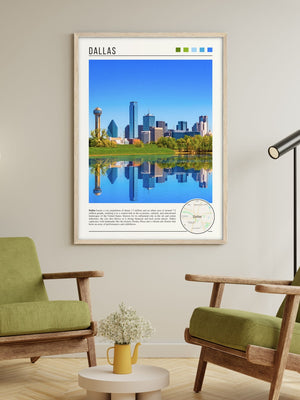 Descriptive Minimalist Dallas Poster in Wooden Frame displayed in a living room with green chairs.