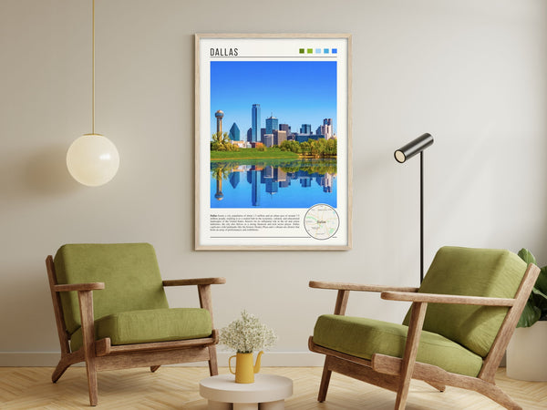 Descriptive Minimalist Dallas Poster in Wooden Frame displayed in a living room with green chairs.