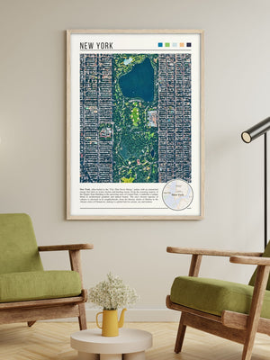 Descriptive Minimalist New York Poster in Wooden Frame displayed in a living room with green chairs.