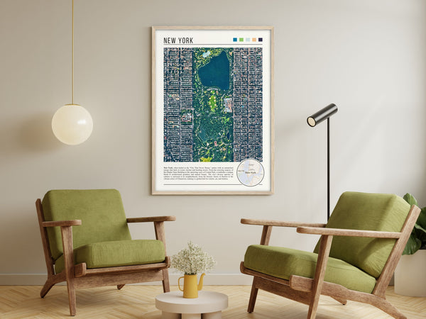 Descriptive Minimalist New York Poster in Wooden Frame displayed in a living room with green chairs.