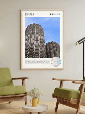 Descriptive Minimalist Marina City Poster in Wooden Frame displayed in a living room with green chairs.