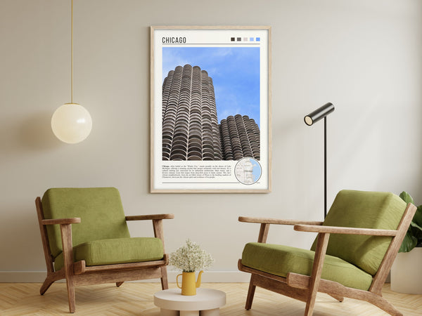 Descriptive Minimalist Marina City Poster in Wooden Frame displayed in a living room with green chairs.