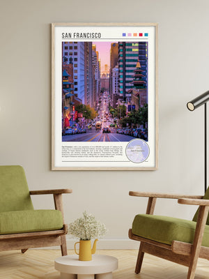 Descriptive Minimalist San Francisco Poster in Wooden Frame displayed in a living room with green chairs.