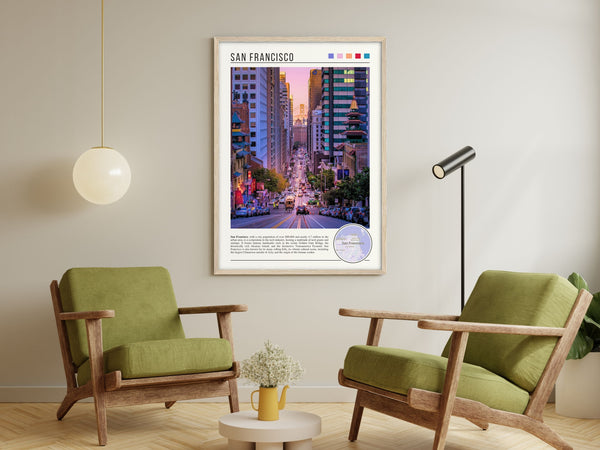 Descriptive Minimalist San Francisco Poster in Wooden Frame displayed in a living room with green chairs.