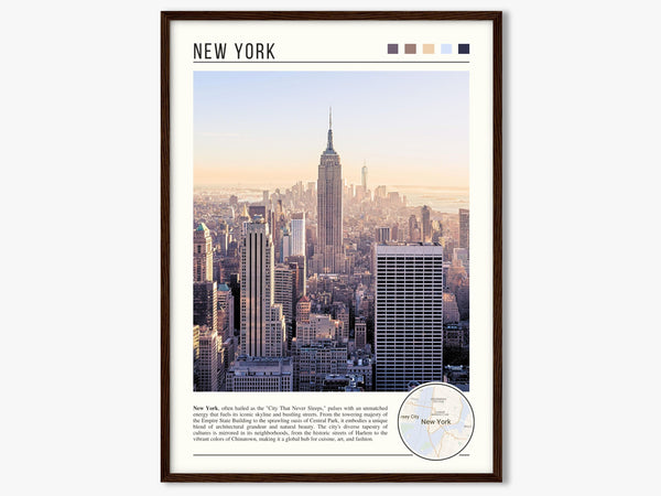 Descriptive Minimalist New York Poster in Dark Wooden Frame