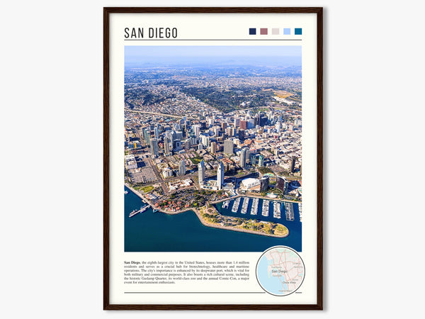 Descriptive Minimalist San Diego Poster in Dark Wooden Frame