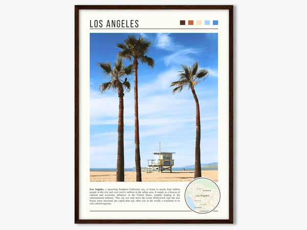 Descriptive Minimalist Los Angeles Poster in Dark Wooden Frame