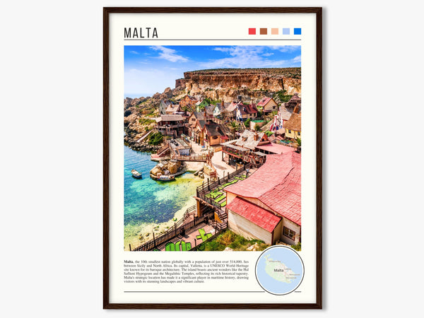 Descriptive Minimalist Malta Poster in Dark Wooden Frame