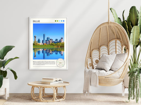 Descriptive Minimalist Dallas Poster in White Frame displayed in a modern living room with a wicker chair.