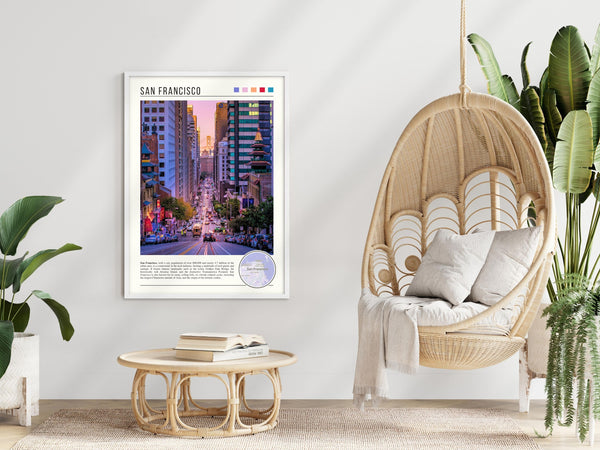 Descriptive Minimalist San Francisco Poster in White Frame displayed in a modern living room with a wicker chair.