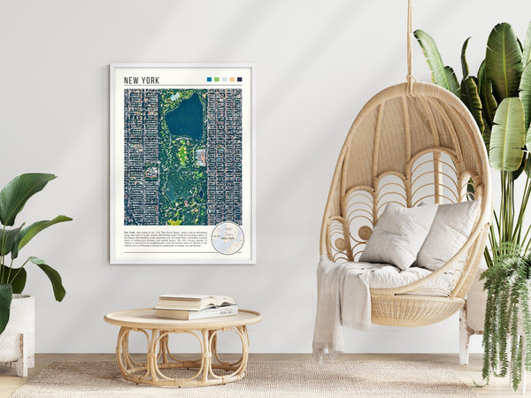 Descriptive Minimalist New York Poster in White Frame displayed in a modern living room with a wicker chair.