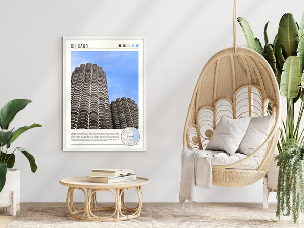 Descriptive Minimalist Marina City Poster in White Frame displayed in a modern living room with a wicker chair.