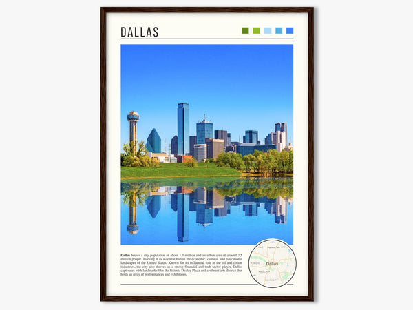 Descriptive Minimalist Dallas Poster in Dark Wooden Frame