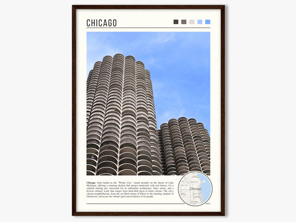 Descriptive Minimalist Marina City Poster in Dark Wooden Frame