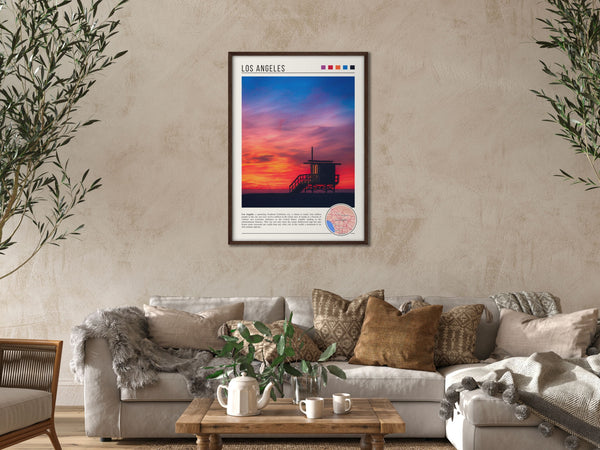 Descriptive Minimalist Los Angeles Poster in Dark Wooden Frame displayed in a cozy living room with a beige sofa.